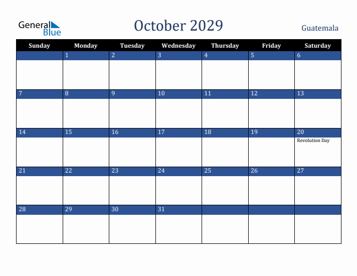 October 2029 Guatemala Calendar (Sunday Start)