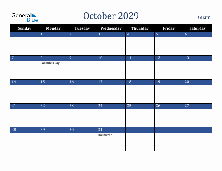 October 2029 Guam Calendar (Sunday Start)