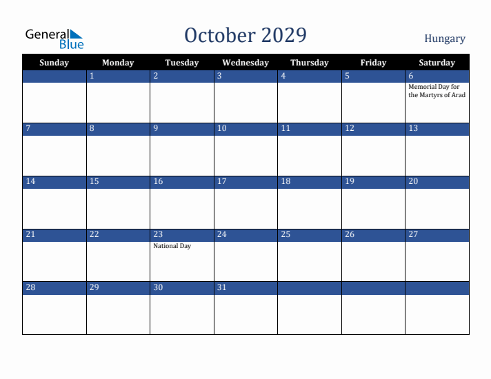 October 2029 Hungary Calendar (Sunday Start)