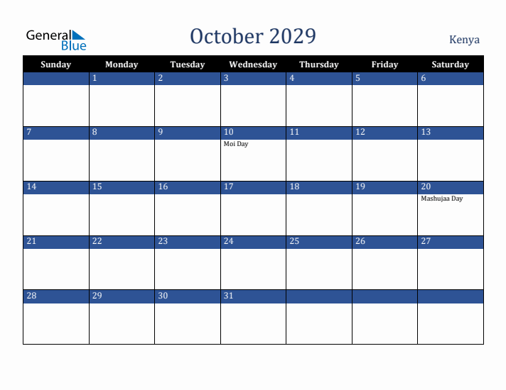 October 2029 Kenya Calendar (Sunday Start)