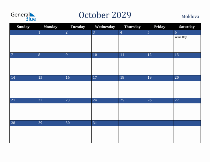 October 2029 Moldova Calendar (Sunday Start)