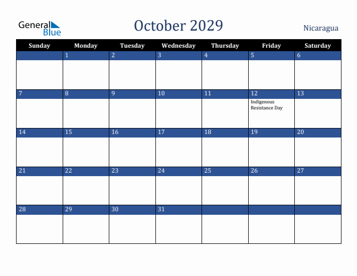 October 2029 Nicaragua Calendar (Sunday Start)