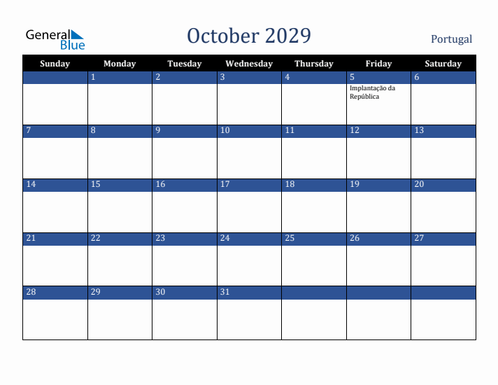 October 2029 Portugal Calendar (Sunday Start)