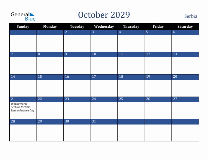 October 2029 Serbia Calendar (Sunday Start)