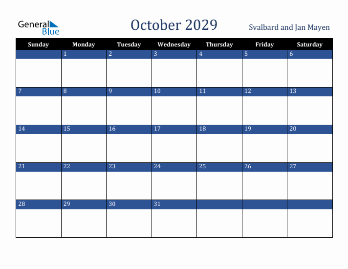 October 2029 Svalbard and Jan Mayen Calendar (Sunday Start)