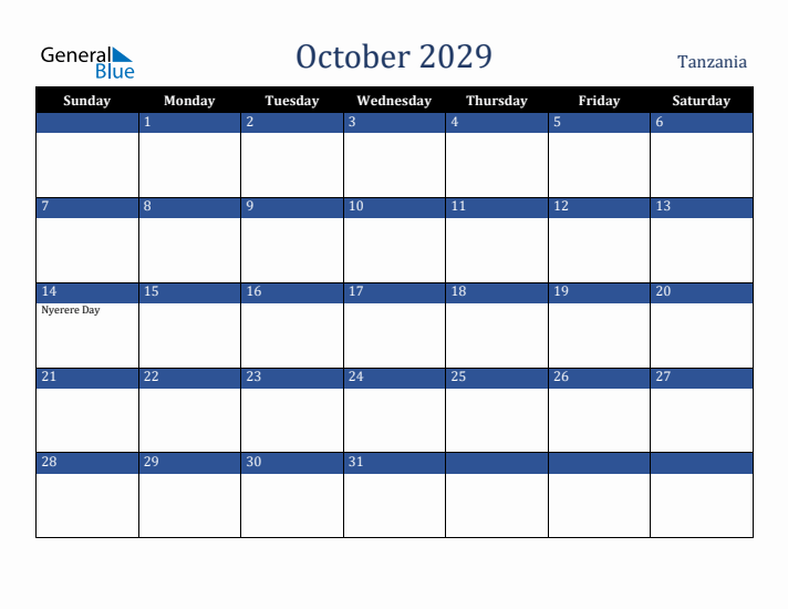 October 2029 Tanzania Calendar (Sunday Start)