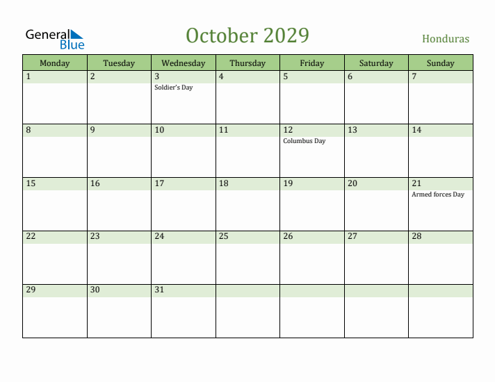 October 2029 Calendar with Honduras Holidays