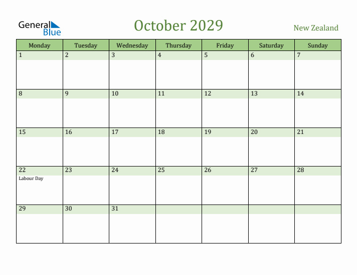 October 2029 Calendar with New Zealand Holidays