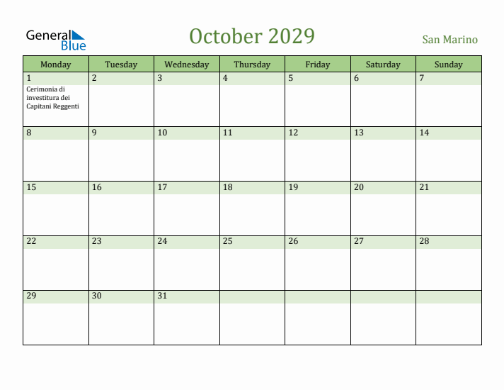 October 2029 Calendar with San Marino Holidays