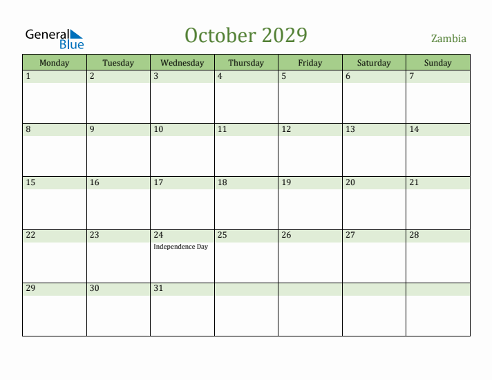 October 2029 Calendar with Zambia Holidays