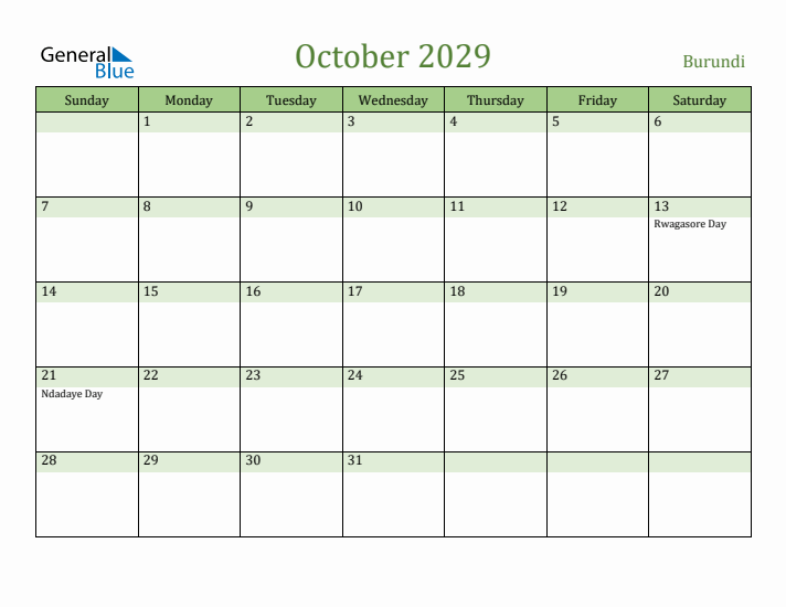 October 2029 Calendar with Burundi Holidays