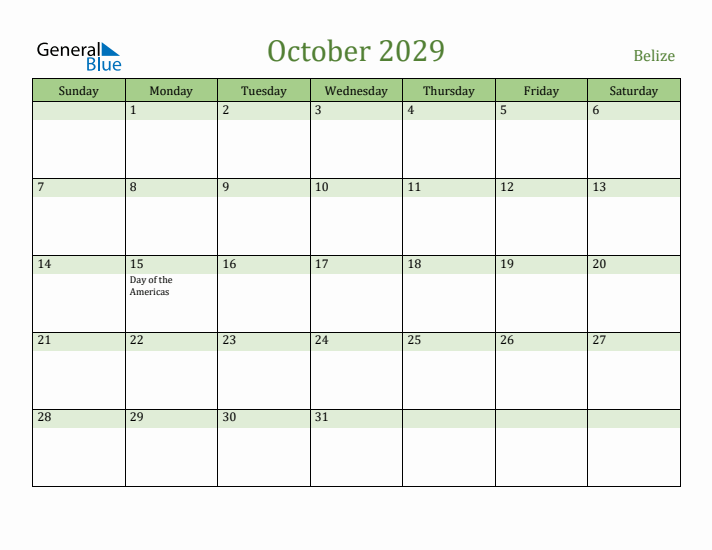 October 2029 Calendar with Belize Holidays