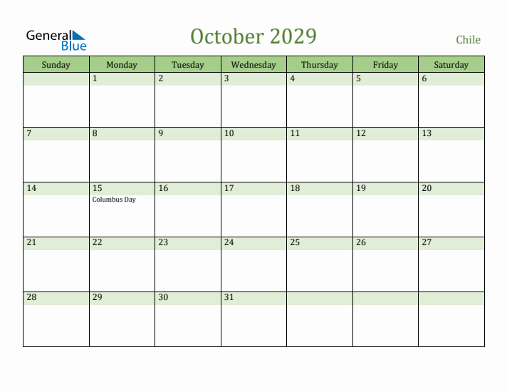 October 2029 Calendar with Chile Holidays