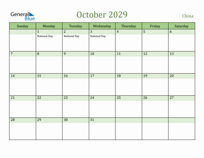 October 2029 Calendar with China Holidays