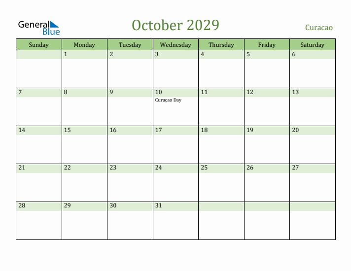 October 2029 Calendar with Curacao Holidays