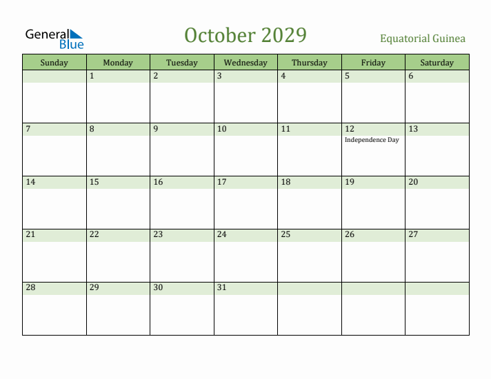 October 2029 Calendar with Equatorial Guinea Holidays