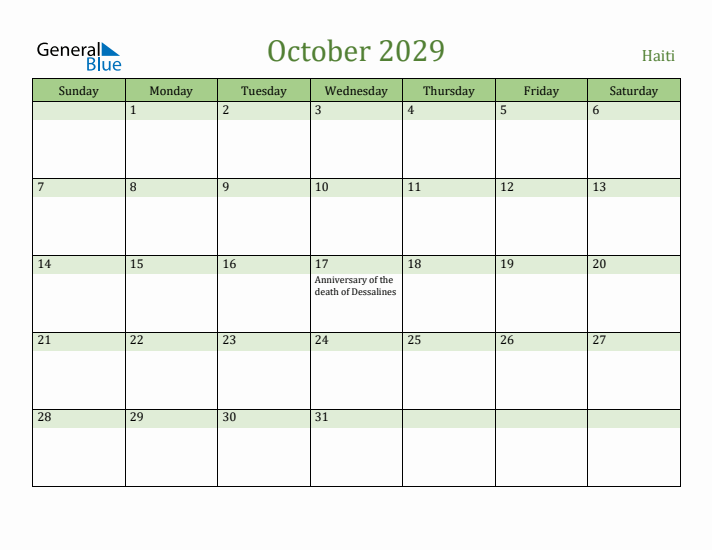 October 2029 Calendar with Haiti Holidays