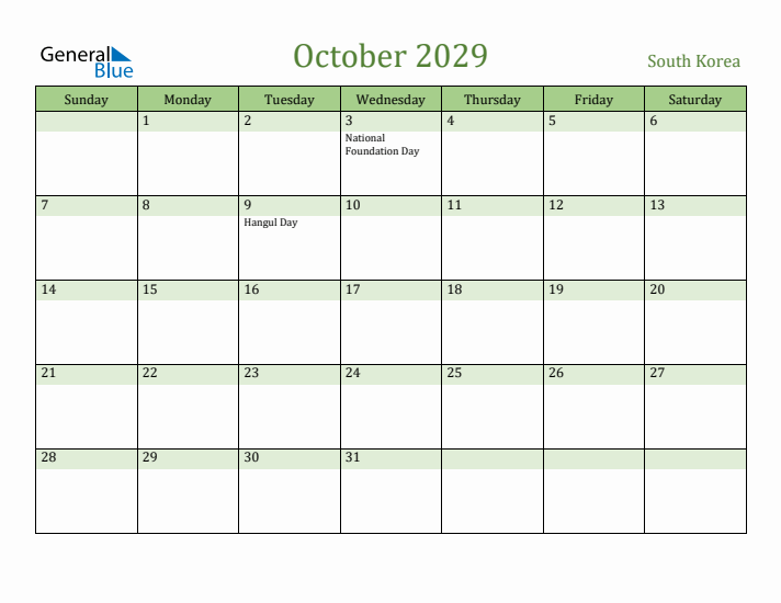 October 2029 Calendar with South Korea Holidays