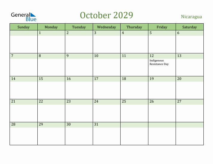 October 2029 Calendar with Nicaragua Holidays