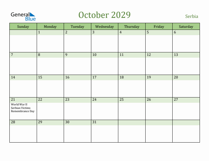 October 2029 Calendar with Serbia Holidays