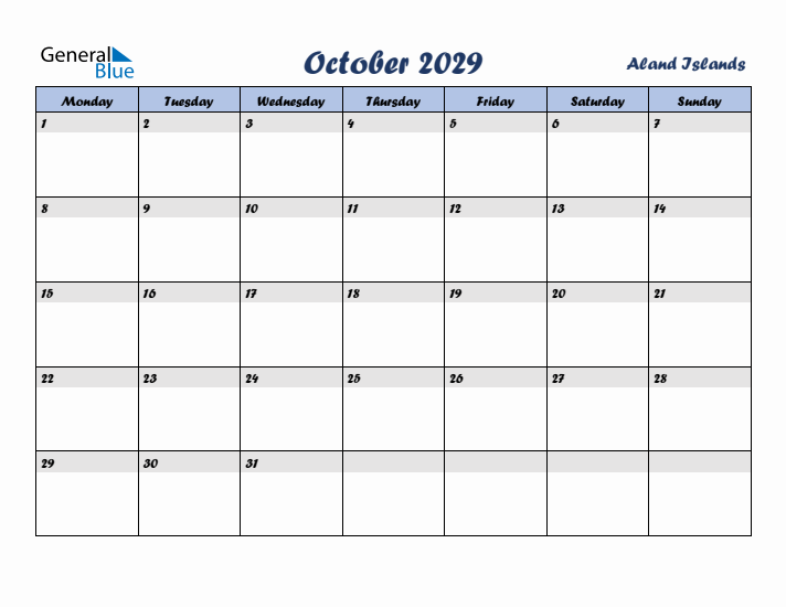 October 2029 Calendar with Holidays in Aland Islands