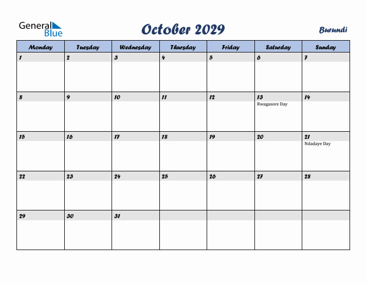 October 2029 Calendar with Holidays in Burundi