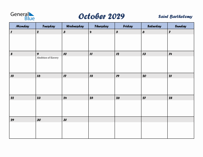 October 2029 Calendar with Holidays in Saint Barthelemy
