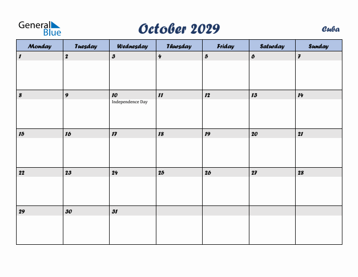 October 2029 Calendar with Holidays in Cuba