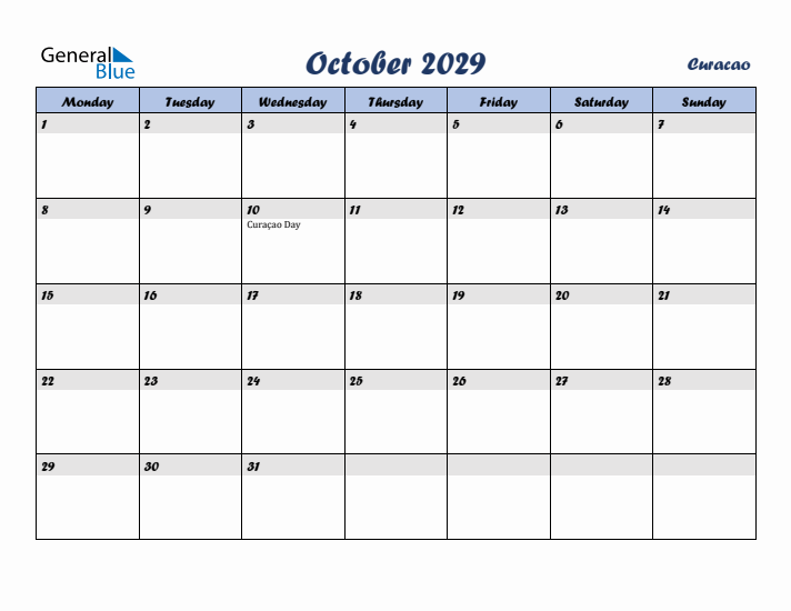 October 2029 Calendar with Holidays in Curacao