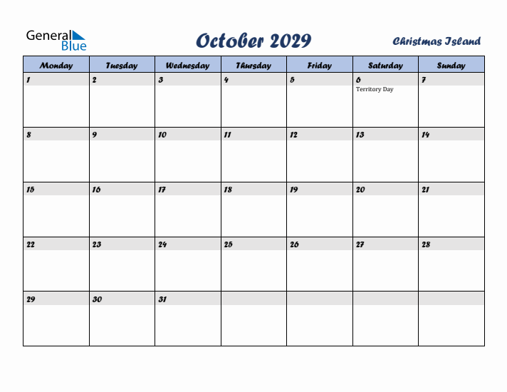 October 2029 Calendar with Holidays in Christmas Island
