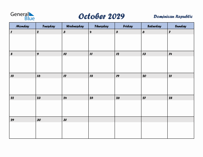 October 2029 Calendar with Holidays in Dominican Republic