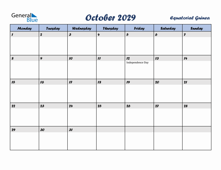 October 2029 Calendar with Holidays in Equatorial Guinea