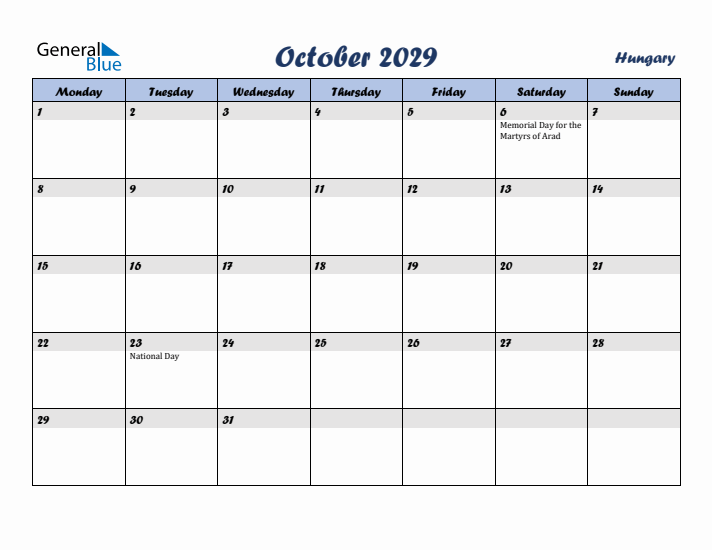 October 2029 Calendar with Holidays in Hungary