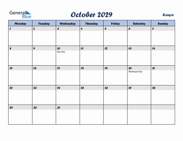 October 2029 Calendar with Holidays in Kenya