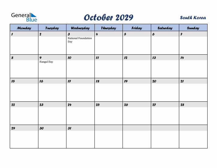 October 2029 Calendar with Holidays in South Korea