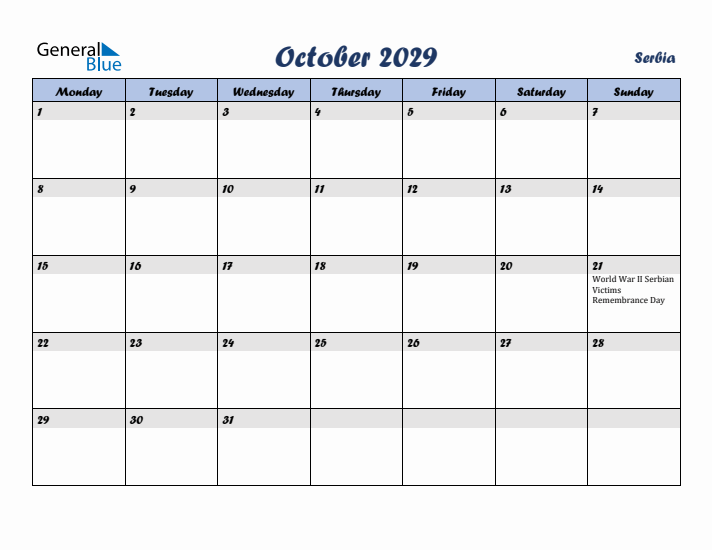 October 2029 Calendar with Holidays in Serbia