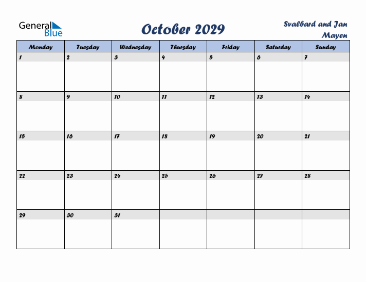 October 2029 Calendar with Holidays in Svalbard and Jan Mayen