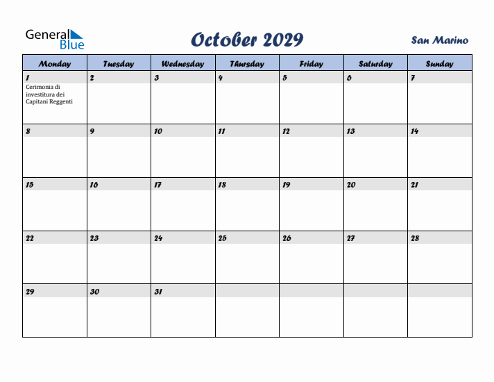 October 2029 Calendar with Holidays in San Marino