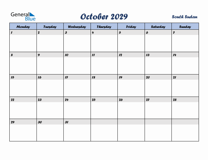 October 2029 Calendar with Holidays in South Sudan