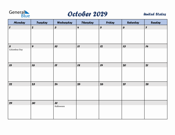 October 2029 Calendar with Holidays in United States