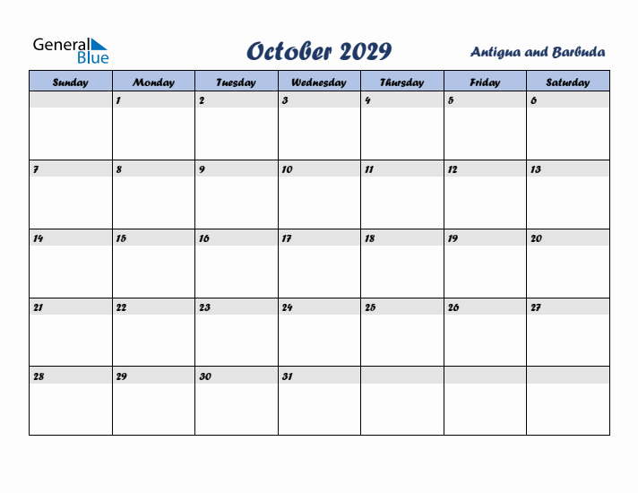 October 2029 Calendar with Holidays in Antigua and Barbuda