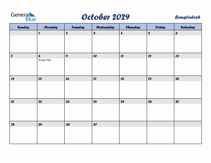 October 2029 Calendar with Holidays in Bangladesh