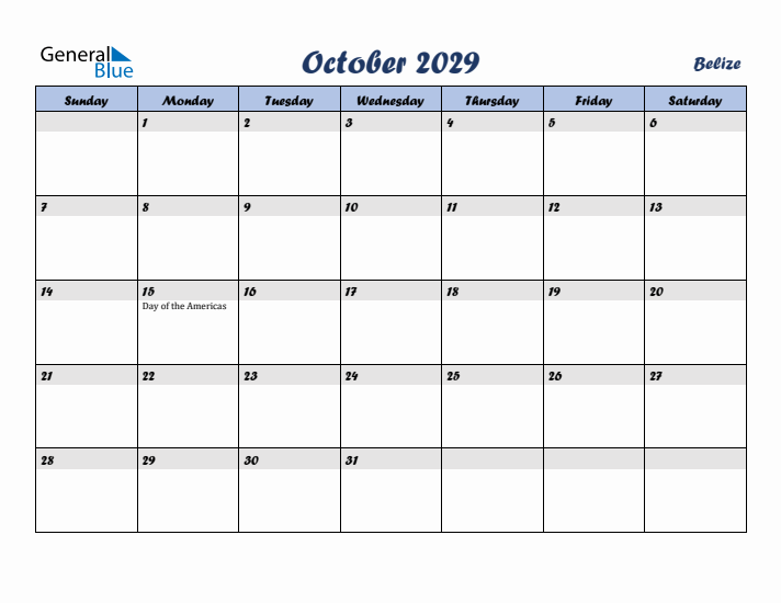 October 2029 Calendar with Holidays in Belize