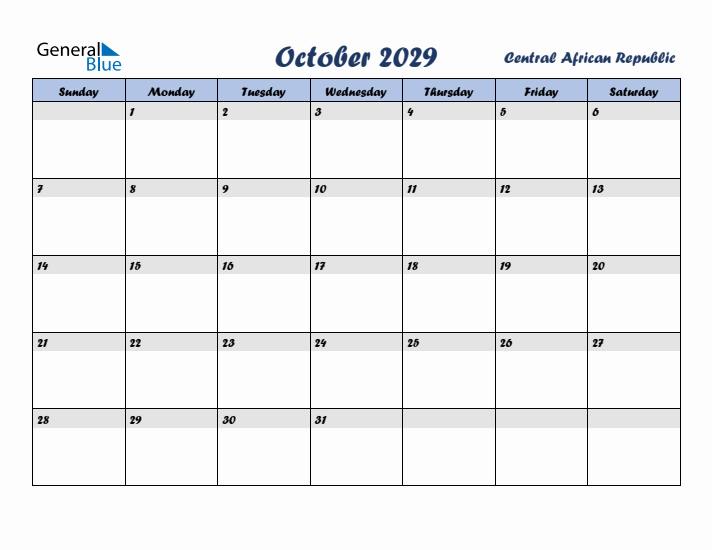 October 2029 Calendar with Holidays in Central African Republic