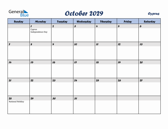 October 2029 Calendar with Holidays in Cyprus