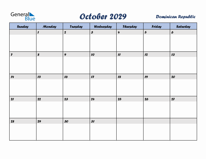 October 2029 Calendar with Holidays in Dominican Republic