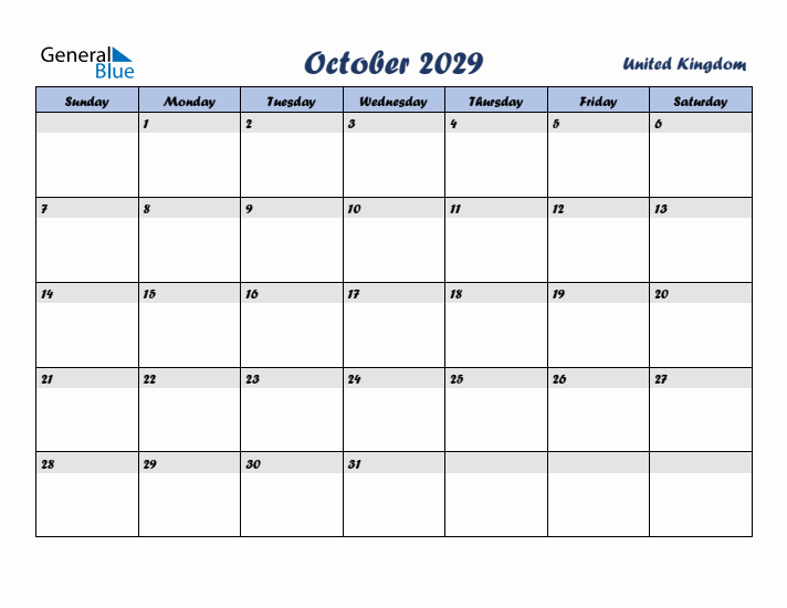 October 2029 Calendar with Holidays in United Kingdom