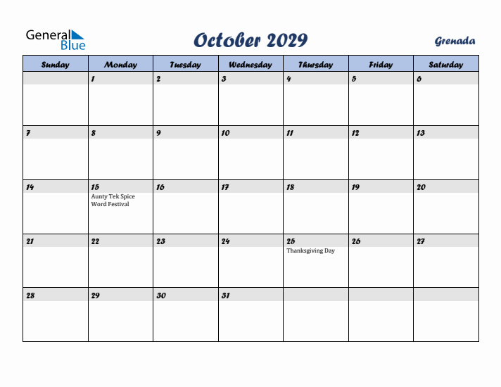 October 2029 Calendar with Holidays in Grenada