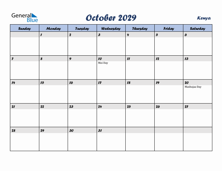 October 2029 Calendar with Holidays in Kenya