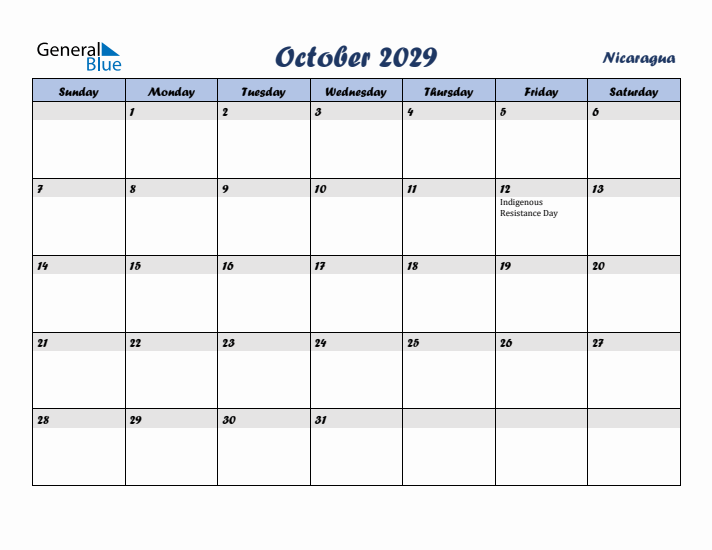 October 2029 Calendar with Holidays in Nicaragua